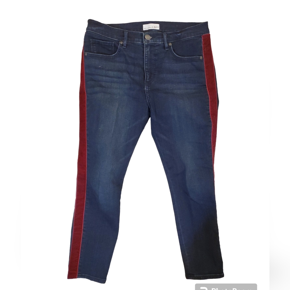 Ann Taylor Loft Womens Blue Denim Jeans Red Tuxedo Stripe Velour Size 28/8